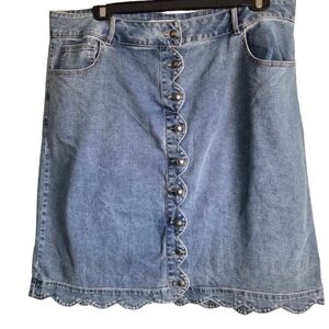 Cato Light Blue Denim A-Line Skirt with Scalloped Button Front